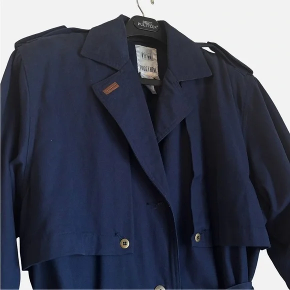 Vtg Together! Women's Military Trench Coat Long Duster Spy Coat Oversized 6 Blue - Picture 4 of 10